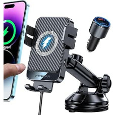 MOKPR Car Mobile Phone Holder with Charging Function, 15 W Wireless Charger, Car Inductive Charging Station, Car Mobile Phone Holder with Charging Function with Vent Clips/Instrument Panel for iPhone,