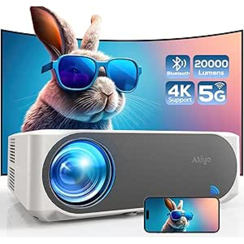 Projektorius 4K, AKIYO O8 20000 liumenų WiFi6 Bluetooth 5.2 Full HD 1080P Native, 4K namų kino projektorius, 300 colių ekranas, nešiojamas lauko projektorius su tinkleliu nuo dulkių, suderinamas su TV priedėliu / išmaniuoju telefonu