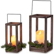 Romadedi Large Wooden Christmas Lantern, Set of 2, 24/30 cm Lantern, Candles, Lantern with Christmas Wreath and LED Candles for Indoor Table Decoration, Balcony, Fireplace, Living Room, Windowsill