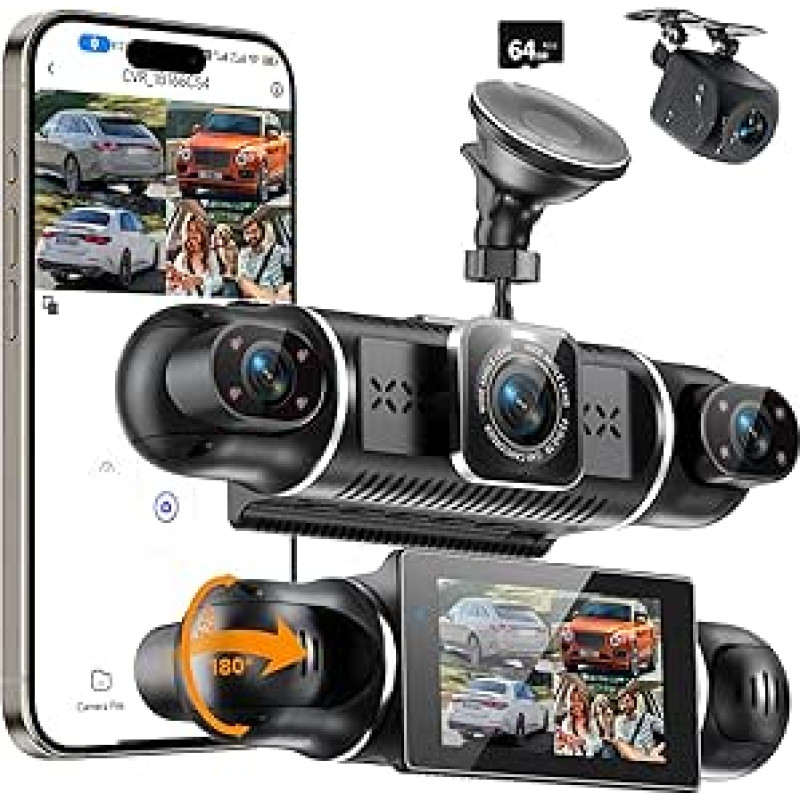 Automobilinė priekinė galinė 4K/1080P, 4 kanalų automobilinė kamera su 64 GB SD kortele, 360° prietaisų skydelio kamera su parkavimo stebėjimo funkcija, 3 colių IPS ekranas, 4 x 140° platus kampas, WDR naktinis matymas (8 IR šviesos diodai), G jutiklis, k