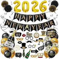 Naujųjų metų išvakarių dekoracijų rinkinys, auksiniai skaičiai 2026 Naujųjų metų balionai, laimingų Naujųjų metų vėliava, juodi auksiniai Naujųjų metų išvakarių balionai, Naujųjų metų nuotraukų rekvizitai, Naujųjų metų išvakarių dekoracijos, Naujųjų metų