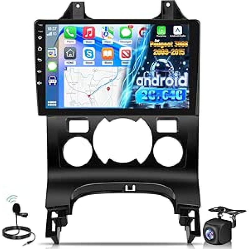 Automobilinis radijas Peugeot 3008 2009-2015, [2G+64G] Android 9 colių jutiklinio ekrano automobilinis radijas su belaidžiu Carplay ir Android Car/Bluetooth/WiFi/Bluetooth/EQ/FM RDS radiju
