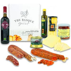 THE BASQUE Gourmet - Dovanų rinkinys - šventinis ir kalėdinis dovanų krepšelis su vynu, sūriu, šparagais, ypač tyru alyvuogių aliejumi, Piquillo pipirais, Foie Godfather, Chorizo, dešra - prabangus dovanų dėžutė