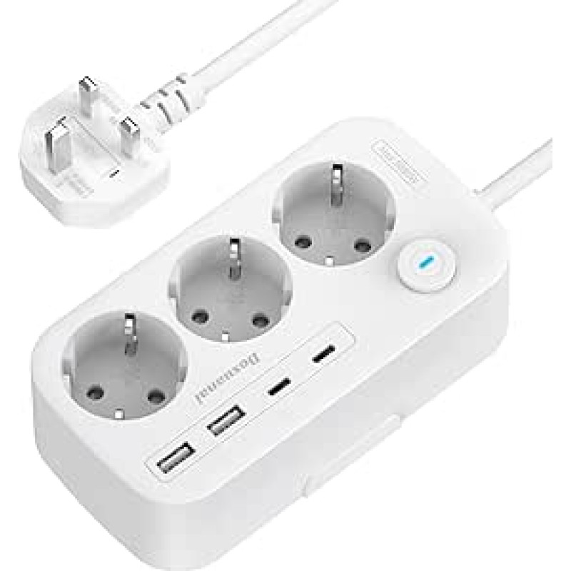 JK adapteris, adapteris Anglija Vokietija kištukas su 3 lizdais ir 4 USB (2 USB C), kištuko adapteris Anglija, G tipo kelioninis adapteris su 1,5 m ilgio jungtimi, skirtas vykti iš ES į Jungtinę Karalystę, Škotiją, Airiją, Dubajų, Maldyvus ir Singapūrą