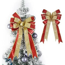 Didelės Weihnachtskranz-Schleifen, Weihnachtsbaumspitze, Schleife mit Glitzer, Satin, für Weihnachten, Party, Hochzeit, Zuhause, Innen- und Außenbereich, Dekoration (Rot + Gold)