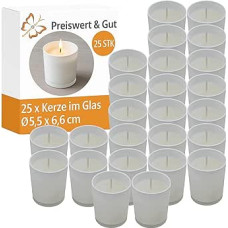 Preiswert&Gut 25 x žvakės stikle, kurių skersmuo 5,5 x 6,6 cm - dekoratyvinės vaškinės žvakės, skirtos elegantiškam stalo dekoravimui ir atmosferos kūrimui jūsų namuose (baltos spalvos)