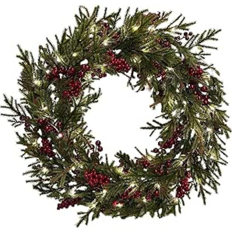 Kranz mit Lichtern, 56 cm, künstlicher Weihnachtskranz mit Lichtern, Festliche Weihnachtsdekoration für Türen, Wände und Kaminsims, für den Innen- und Außenbereich