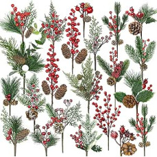 Pack of 22 Large Christmas Berries Artificial Pine Branches with Red Berries Pine Cones, Assorted 20 Types Christmas Picks for Craft Gift Picks Winter Flower Picks Tree Wreaths Christmas