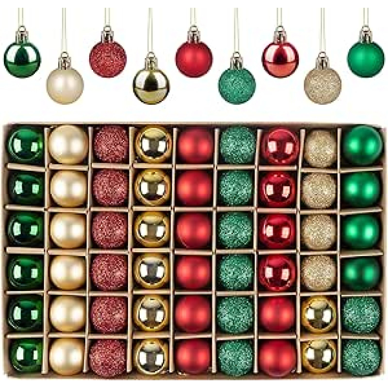 54 kalėdinių baublių rinkinys, Kalėdų eglutės baubliai 3 cm, Kalėdų baubliai iš mažo plastiko, blizgantys matiniai mini kalėdinės eglutės baubliai, nedūžtantys maži kalėdiniai baubliai su dirželiu (žalias, auksinis, raudonas)