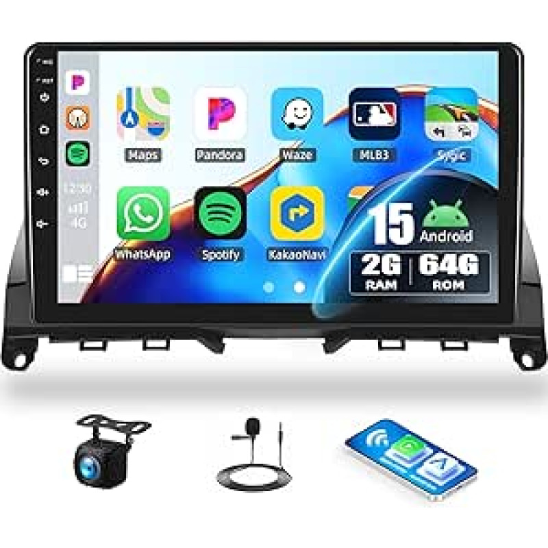 CAMECHO 2G + 64G Android 15 automobilinis radijas Mercedes-Benz C klasei W204 S204 2007-2010 su navigacija Belaidis Carplay Android automobilis, 9 colių ekranas 2 DIN radijo imtuvas su Bluetooth 5.0 / RDS / FM / Mirror Link