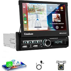 Car Radio 1 DIN with Wireless Carplay Android Car, 7 Inch IPS HD Electric Retractable Touchscreen Car Radio, Bluetooth Link Mirroring FM 2USB/AUX Steering Wheel Controls Reversing Camera