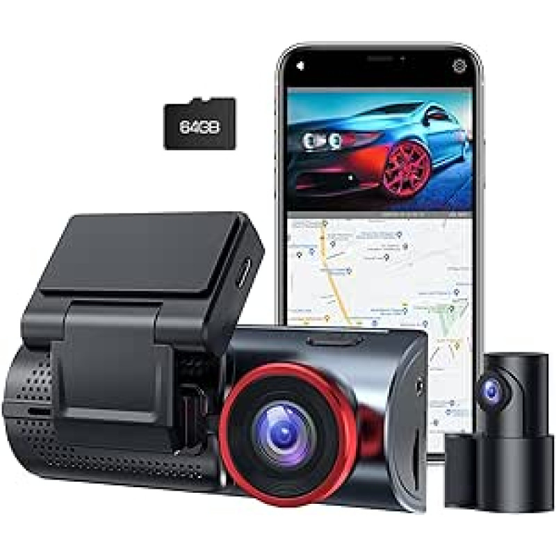 LAMTTO Dash Cam Automobilinė priekinė galinė 4K + 1080P, WiFi Dash Cam su 64GB SD kortele, dviguba automobilio kamera su GPS, naktiniu matymu, judesio aptikimu, G jutikliu, 24/7 parkavimo stebėjimu, kilpos įrašymu, programėlės valdymu