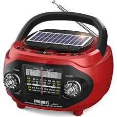 PRUNUS J-666 FM/AM/SW Retro Radio with Bluetooth, Portable Radio with 1800 mAh Battery, Solar/USB-C Rechargeable, Kitchen Radio with 15 W Speaker, Rich Bass & Stereo Sound, USB/TF/AUX Gaming.