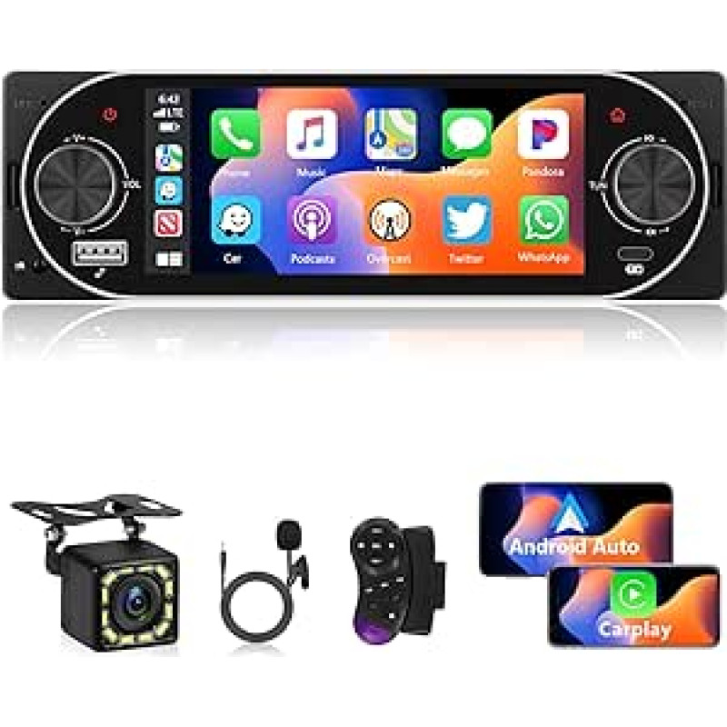 Carplay Single Din Autoradio Bluetooth 5.2 Type-C, belaidis Android Auto 1 Din Automobilinė stereogarsiakalbė su 5,1 Zoll IPS jutikliniu ekranu, MirrorLink, FM radijas, USB, AUX, Laden, SWC + Rückfahrkamera