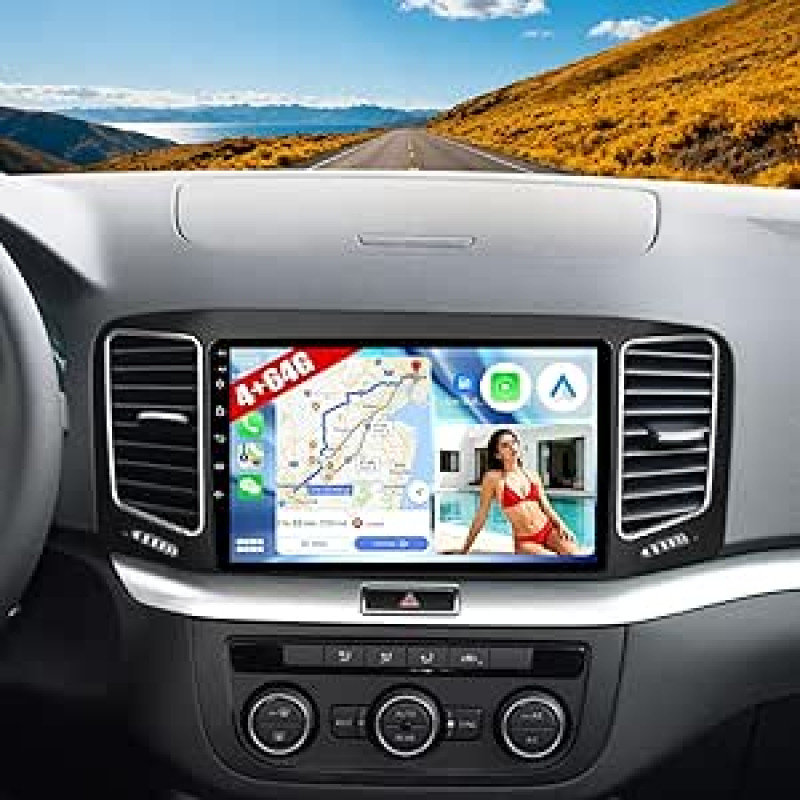 CAMECHO 4G + 64G Android 15 automobilinis radijas VW Sharan 2012-2015 su Navi Carplay Android Car, 9 colių ekranas Dvigubas DIN automobilinis radijas su Bluetooth RDS 32EQ DSP Mirror Link