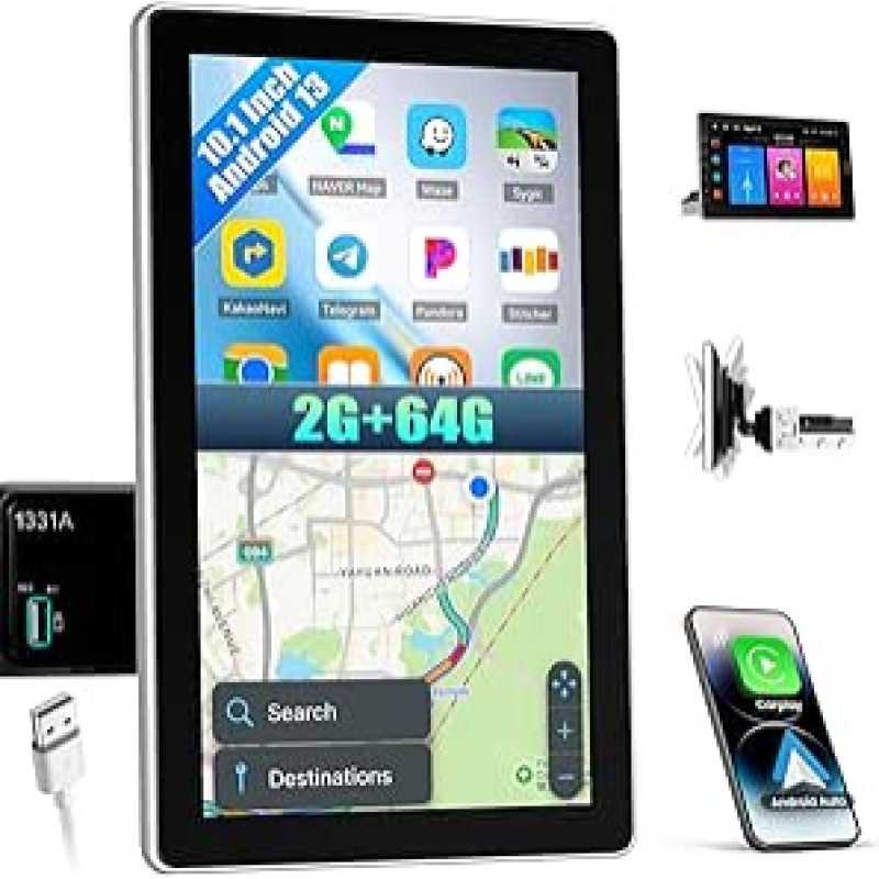 SIXWIN 2+64G Android 13 1 DIN automobilinis radijo imtuvas su belaidžiu Carplay Android Car, 10,1 colio reguliuojamas jutiklinis ekranas palaiko WiFi/GPS/Bluetooth/RDS/FM/EQ/USB/Lien Miroir
