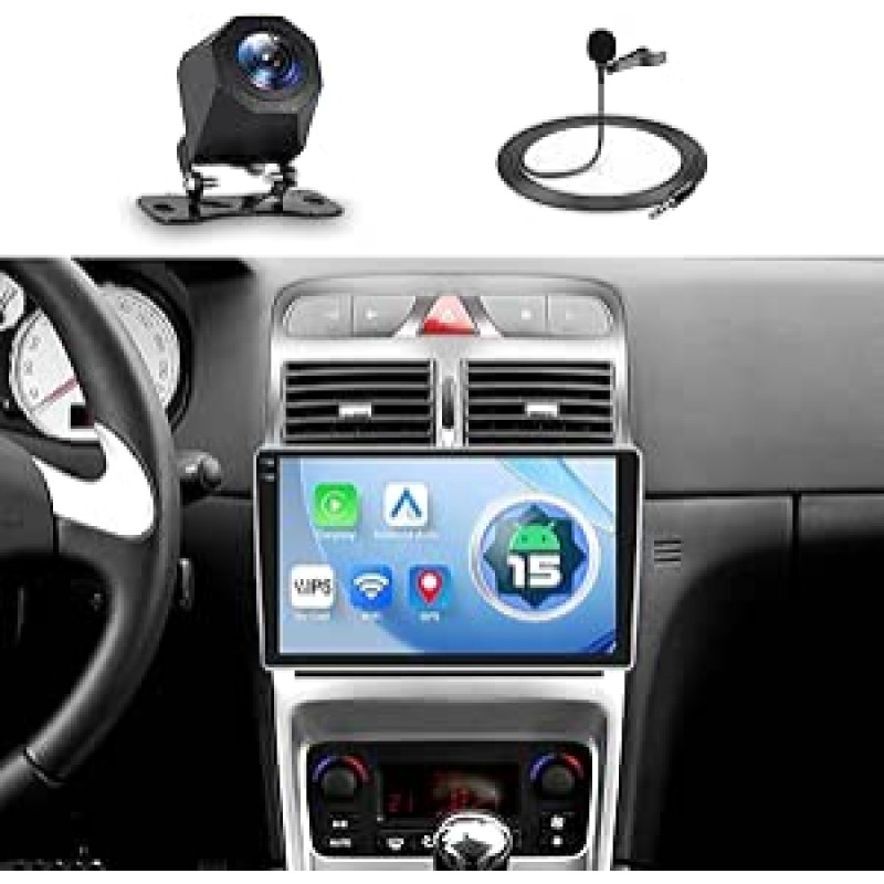 4+128GB automobilinis radijas Peugeot 307 (2002-2013) Android15 9 colių jutiklinis ekranas 720x1280P, CarPlay ir Android Car, FM RDS, Bluetooth, WiFi + atbulinės eigos kamera