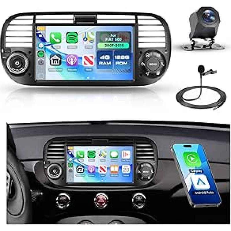 Rimoody 4G+128G Android Autoradio für FIAT 500 2007-2015, 7 Zoll IN-Cell HD Wireless Carplay Autoradio mit Android Auto Navi GPS Mirror Link Bluetooth WiFi FM/RDS/EQ Lenkradsteuerung Rückfahrkamera