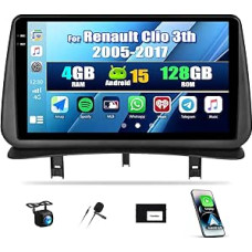 SIXWIN 4+128G Android 15 Car Radio with CarPlay/Android Car/Mirror Link for Renault Clio 3th 2005-2017.9 Inch HD Touchscreen Supports WiFi GPS Bluetooth FM/RDS EQ + Reversing Camera