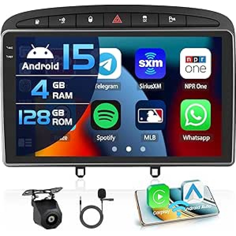 4+128G automobilinis radijas Peugeot 408/308/308SW 2007-2013 m. Android 15 su 9 colių vidiniu ekranu, palaikantis belaidį Carplay ir Android Car Mirror Link radiją FM/RDS GPS WiFi BT SWC