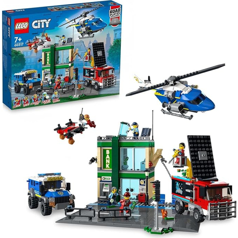 LEGO 60317 Miesto banko apiplėšimas su persekiojimu su sraigtasparniu, dronu ir 2 sunkvežimiais, policijos rinkinys, gimtadienio dovana berniukams ir mergaitėms nuo 7 metų
