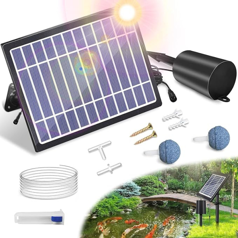 Saulės aeratorius su oro siurbliu, 3 režimai (18H/36H/72H) - 4W 2200mAh burbulų reguliatorius mažam lauko baseinui