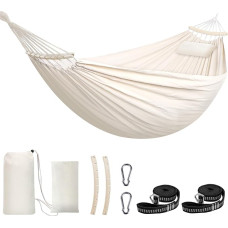 Chihee Cotton Hammock, Large, Soft, Breathable Camping Hammocks, Holds up to 300 kg, Portable Tree Hammock with Removable Spreader Bar, Pillow, 2 Strong Webbing Straps, 2 Carabiner Hooks