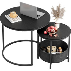 WLIVE Apvalus kavos staliukas su daiktadėže, šoninių staliukų rinkinys, juodas, su metaliniu rėmu, mažas medinis svetainės staliukas, staliukas svetainei, balkonui ir biurui, juodas