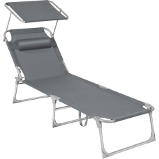 SONGMICS sun lounger, deckchair, garden lounger, with headrest and sunroof, backrest adjustable, light, foldable, 53 x 193 x 29.5 cm, up to 150 kg loadable, garden, balcony, dark grey GCB19UV1