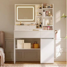 Coleshome Dressing Table with Lighting LED Mirror and Socket, Cosmetic Table with Drawers, Organiser and Shelf, Modern Dressing Table for Bedroom, White, 90 x 40 x 136 cm