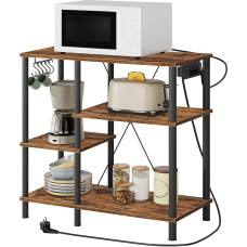 HOOBRO EBF19CHB01 Virtuvės stovas su maitinimo juosta, stovinti lentyna, kepinių lentyna, mikrobangų krosnelės lentyna su 5 S formos kabliukais, kavos baras virtuvei, svetainei, retro rudos ir juodos spalvos