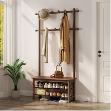 AQIMUELE 3 in 1 dizaino 11 kabliukų kabykla su batų suoliuku riešutmedžio rudos spalvos 30 x 80 x 170 cm