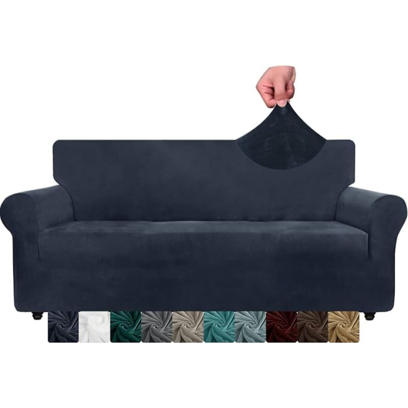 CHELZEN Velvet Couch Covers, 3 sėdimų vietų storas tempiamas sofos užvalkalas šunims, naminiams gyvūnams, neslystantis sofos užvalkalas, skalbiamas svetainės baldų apsaugos užvalkalas (3 sėdimos vietos, tamsiai mėlyna)