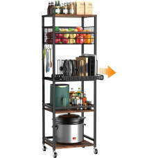 Housolution 5-Tier Kitchen Trolley Storage Trolley with Metal Fruit Vegetable Basket and Extendable Pot Lid Chopping Board Organiser Storage Rack with Wooden Top for Kitchen, Pantry