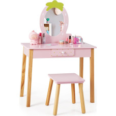 DREAMADE 2 in 1 vaikų tualetinis staliukas su taburete ir veidrodžiu, vaikų medinis makiažo staliukas, kosmetikos staliukas, tualetinis staliukas, princesės tualetinis staliukas su stalčiumi vaikams mergaitėms