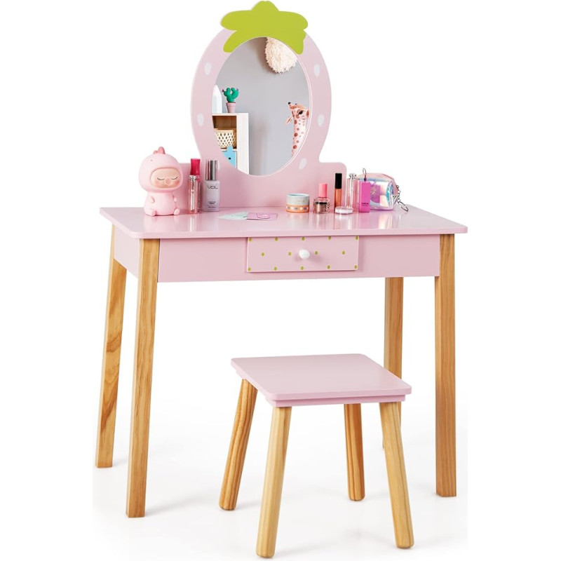 DREAMADE 2 in 1 vaikų tualetinis staliukas su taburete ir veidrodžiu, vaikų medinis makiažo staliukas, kosmetikos staliukas, tualetinis staliukas, princesės tualetinis staliukas su stalčiumi vaikams mergaitėms