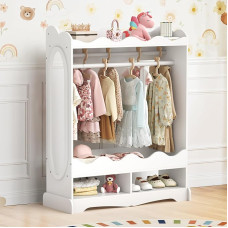 LUE BONA Children's Wardrobe with Mirror and Clothes Rail, Wooden Wardrobe with 3 Hooks, Wardrobe with Shelf, for Children's Room, 85 x 108 x 34 cm, White