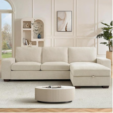 250 cm sulankstoma sekcijos sofa-lova su šezlongu, modernus L formos dvipusis dizainas, patogus šenilinis audinys, nuimami pagalvėlių užvalkalai, C tipo USB jungtys (smėlio spalvos, 3 sėdimos vietos)