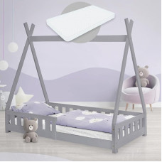 ML-Design Teepee vaikiška lova 80 x 160 cm, šviesiai pilka, su čiužiniu, apsauga nuo kritimo ir skersiniu rėmu, pagaminta iš pušies medienos, indėniška lova iš medžio masyvo mergaitėms ir berniukams, namų lova su tvorele, jaunimo lova