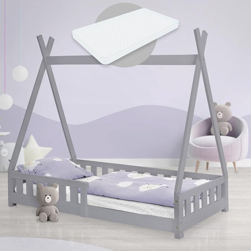 ML-Design Teepee vaikiška lova 80 x 160 cm, šviesiai pilka, su čiužiniu, apsauga nuo kritimo ir skersiniu rėmu, pagaminta iš pušies medienos, indėniška lova iš medžio masyvo mergaitėms ir berniukams, namų lova su tvorele, jaunimo lova