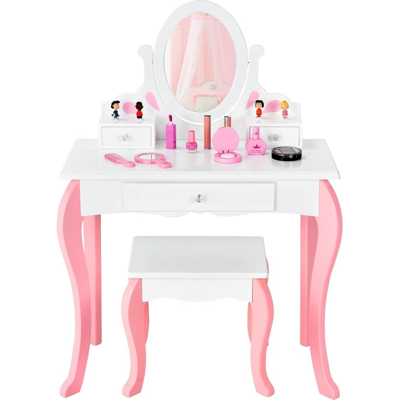 DREAMADE 2-in-1 vaikiškas tualetinis staliukas su taburete ir nuimamu veidrodžiu, princesės tualetinis staliukas Medinis kosmetinis staliukas su 3 stalčiais vaikams, mergaitėms nuo 3 metų (baltas)