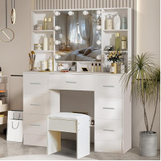 Tualetinis staliukas su LED apšvietimu, 3 šviesos spalvos, kosmetinis staliukas su taburete ir veidrodžiu, 100 x 40 x 140 cm, makiažo staliukas su 7 stalčiais, 8 skyriais, skirtas miegamajam, mergaičių kambariui