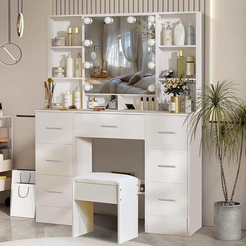 Tualetinis staliukas su LED apšvietimu, 3 šviesos spalvos, kosmetinis staliukas su taburete ir veidrodžiu, 100 x 40 x 140 cm, makiažo staliukas su 7 stalčiais, 8 skyriais, skirtas miegamajam, mergaičių kambariui