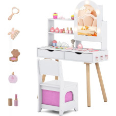DREAMADE 2-in-1 vaikiškas tualetinis staliukas su kėdute, tualetinio staliuko rinkinys su spalvotu LED veidrodžiu, spintelė, atviros lentynos ir stalčiai, kosmetikos staliukas, tualetinis staliukas vaikams nuo 3 metų (baltas)
