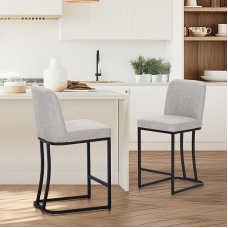 ALPHA HOME 2 baro kėdžių rinkinys Pusryčių baro kėdės PU odos virtuvės kėdės su atlošu Baro kėdės su atramomis virtuvės stalviršiui Tvirtas metalinis plieno rėmas Šviesiai pilka