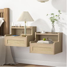 Nakties staliukas, 2 vnt., mažas modernus plaukiojantis naktinis staliukas su rotango stalčiumi, naktinė spintelė, sieninė lentyna miegamajam, svetainei, natūralaus medžio spalva