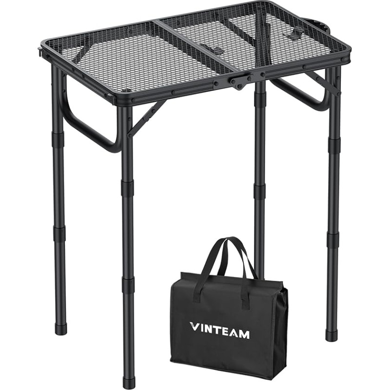 VINTEAM sulankstomas stovyklavimo stalas, 58 x 40 cm, 3 reguliuojamo aukščio, lengvas ir nešiojamas, aliuminio metalinis tinklelis, šoninis stalas, sodo stalas, grilio stalas su metaliniu tinkleliu, stovyklavimas, kepsninė, piknikas