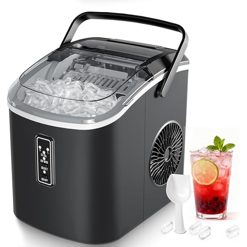EUHOMY Home Ice Cube Maker 9 kubeliai per 6 minutes Savaime išsivalantis ledo gaminimo įrenginys 12 kg/24 val., 2 ledo dydžiai su rankena, šaukšteliu ir krepšeliu, juodas