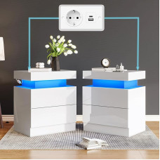 2 blizgių naktinių staliukų su LED diodais ir įkrovimo stotele rinkinys, modernios naktinės spintelės su 2 stalčiais, baltas miegamojo ir svetainės staliukas, 58 x 40 x 35 cm