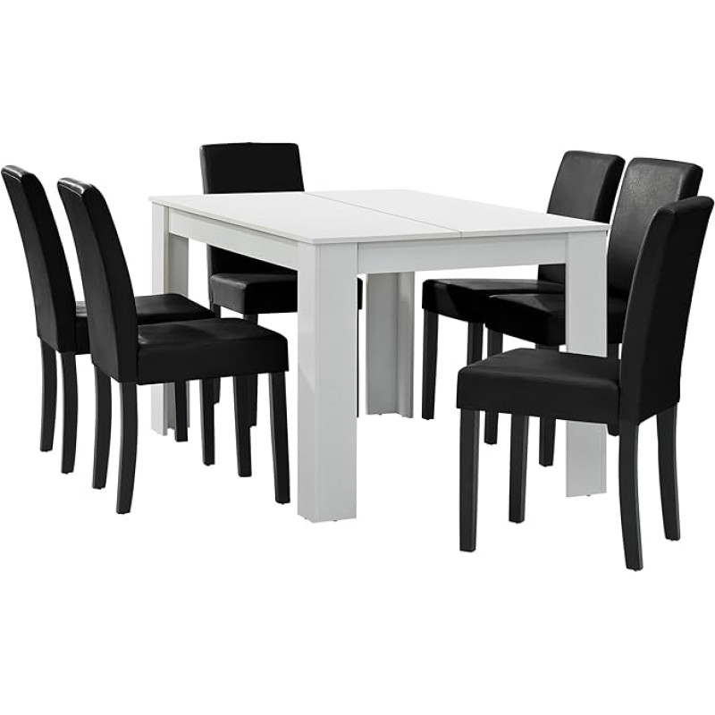 [en.casa] Valgomojo stalas matinės baltos spalvos su 6 kėdėmis, juodos dirbtinės odos minkštasuoliais 140 x 90 cm valgomojo komplektas Valgomasis